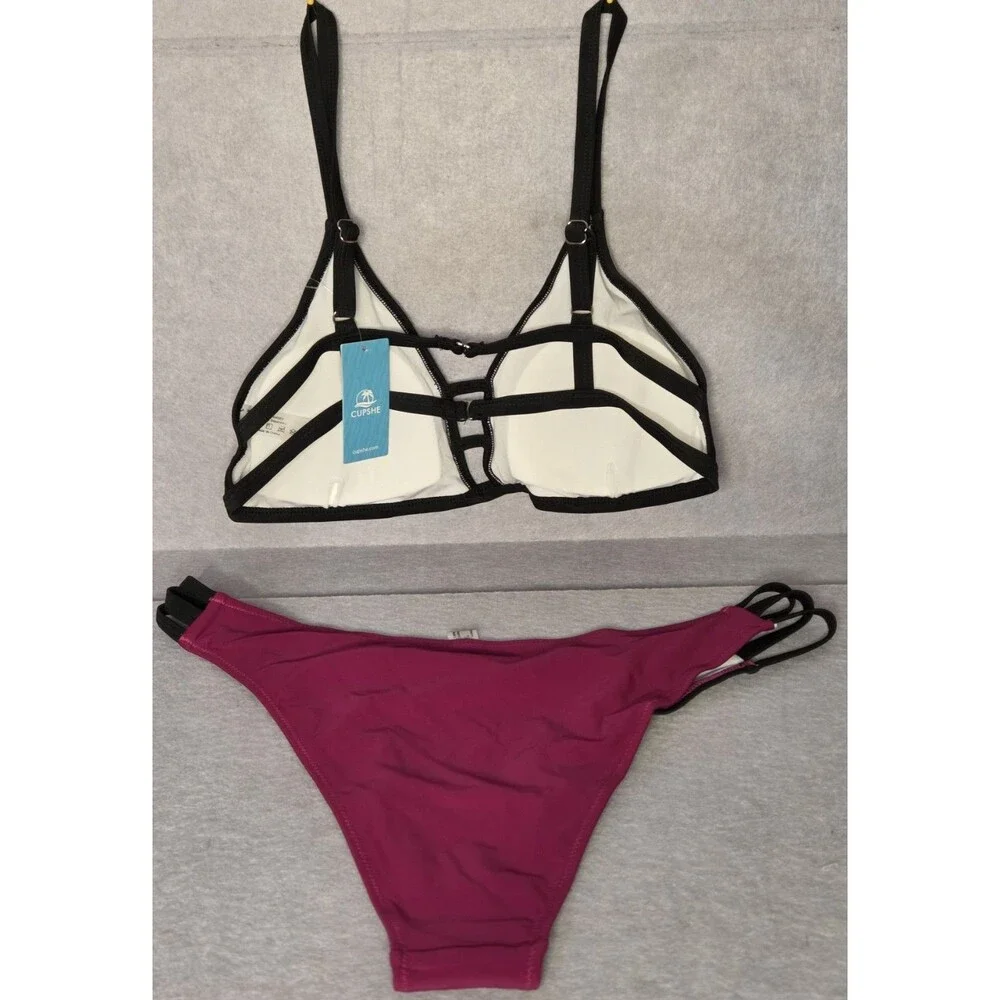 CUPSHE Fushia/Black Trim Swimwear Sz 2XL Bikini Set Strappy Cutout 2 Pc Swimsuit